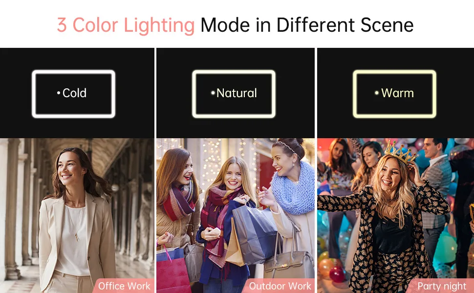 Rechargeable Makeup Mirror with Lights,Lighted Makeup Vanity Mirror with 96 LED Phone Holder and 10X Magnifying Mirror, 3Color Lighting Light Up Cosmetic Mirror with Sensor Touch Dimmable,360°Rotation Black - 3 color lighting