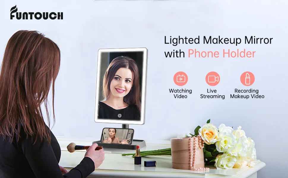Rechargeable Makeup Mirror with Lights,Lighted Makeup Vanity Mirror with 96 LED Phone Holder and 10X Magnifying Mirror, 3Color Lighting Light Up Cosmetic Mirror with Sensor Touch Dimmable,360°Rotation Black - Integral Phone Holder