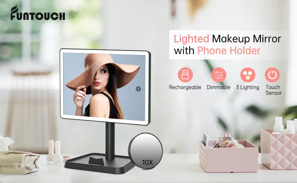 Rechargeable Makeup Mirror with Lights,Lighted Makeup Vanity Mirror with 96 LED Phone Holder and 10X Magnifying Mirror, 3Color Lighting Light Up Cosmetic Mirror with Sensor Touch Dimmable,360°Rotation Black - Lighted Makeup Mirror with Phone holder