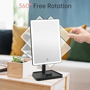 Rechargeable Makeup Mirror with Lights,Lighted Makeup Vanity Mirror with 96 LED Phone Holder and 10X Magnifying Mirror, 3Color Lighting Light Up Cosmetic Mirror with Sensor Touch Dimmable,360°Rotation White - 360 degree rotation