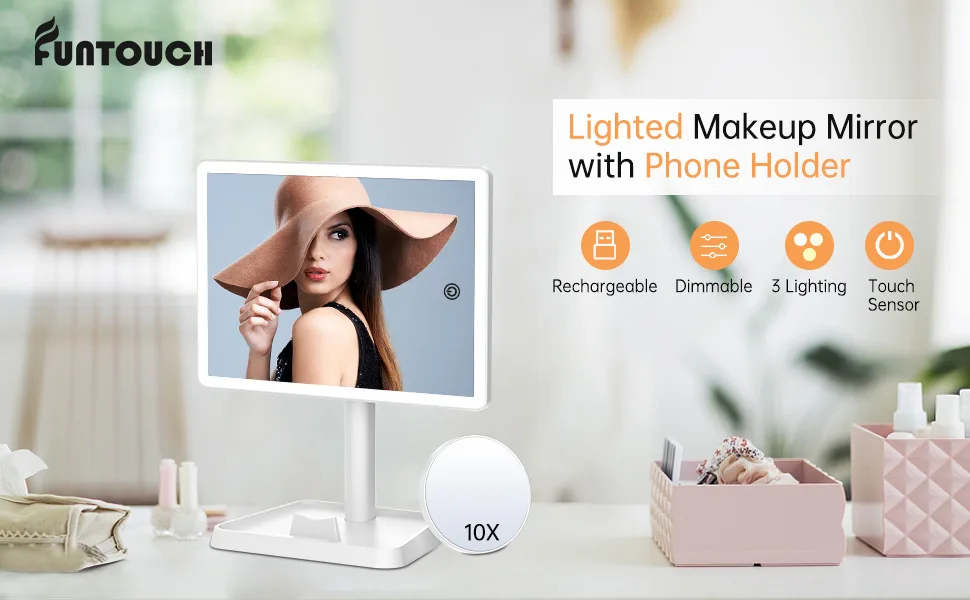 Rechargeable Makeup Mirror with Lights,Lighted Makeup Vanity Mirror with 96 LED Phone Holder and 10X Magnifying Mirror, 3Color Lighting Light Up Cosmetic Mirror with Sensor Touch Dimmable,360°Rotation White - Lighted Makeup Mirror with phone holder