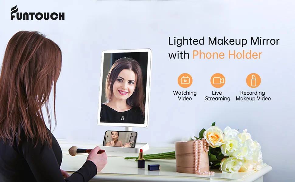 Rechargeable Makeup Mirror with Lights,Lighted Makeup Vanity Mirror with 96 LED Phone Holder and 10X Magnifying Mirror, 3Color Lighting Light Up Cosmetic Mirror with Sensor Touch Dimmable,360°Rotation White - Lighted Vanity Makeup Mirror