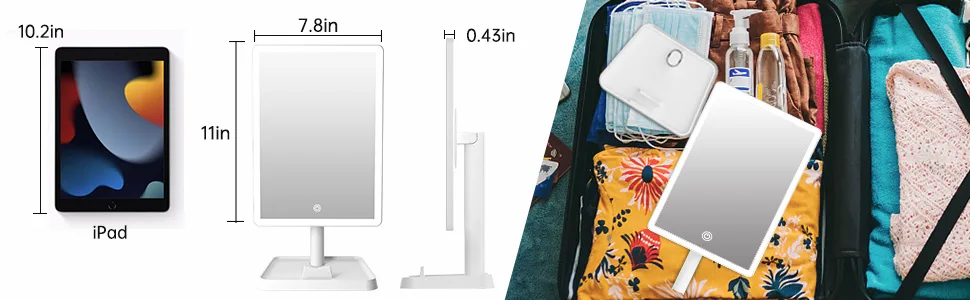 Rechargeable Makeup Mirror with Lights,Lighted Makeup Vanity Mirror with 96 LED Phone Holder and 10X Magnifying Mirror, 3Color Lighting Light Up Cosmetic Mirror with Sensor Touch Dimmable,360°Rotation White - Portable makeup mirror