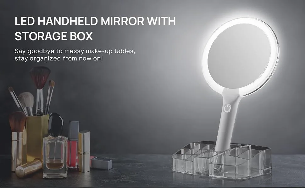 OMIRO Hand Mirror with Lights on a Base Cosmetic Organizer, Double Sided 1X/10X Magnifying Makeup Mirror Set - title