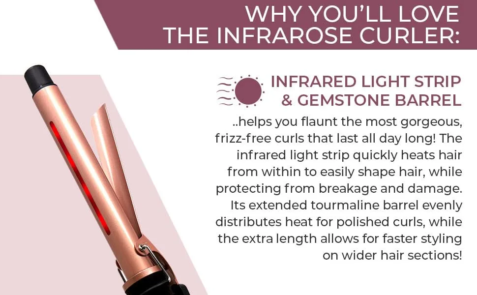 SRI Infrarose Infrared Curling Iron, Reduced Damage & Frizz, Tourmaline & Ceramic Barrel Wand, Easy Grip, Adjustable Heat Settings - Red Light