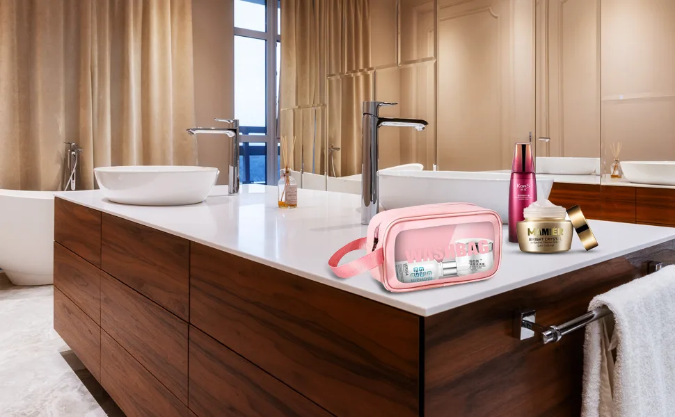 Clear Cosmetic Toiletry Makeup bag Waterproof Handle Portable Travel Toiletry Bag with Zipper (Pink) - Clear Cosmetic Toiletry Makeup bag 006