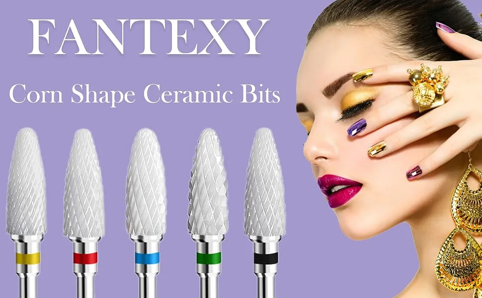 Fantexy Ceramic Nail Drill Bits Set,3/32'' Shank Professional Corn Shape Ceramic Bits,Acrylic Nail File Bits for Manicure Pedicure Cuticle Gel Nail Polishing,Use for Both Left and Right Handed(5 Pcs) Type 2 - product information 1