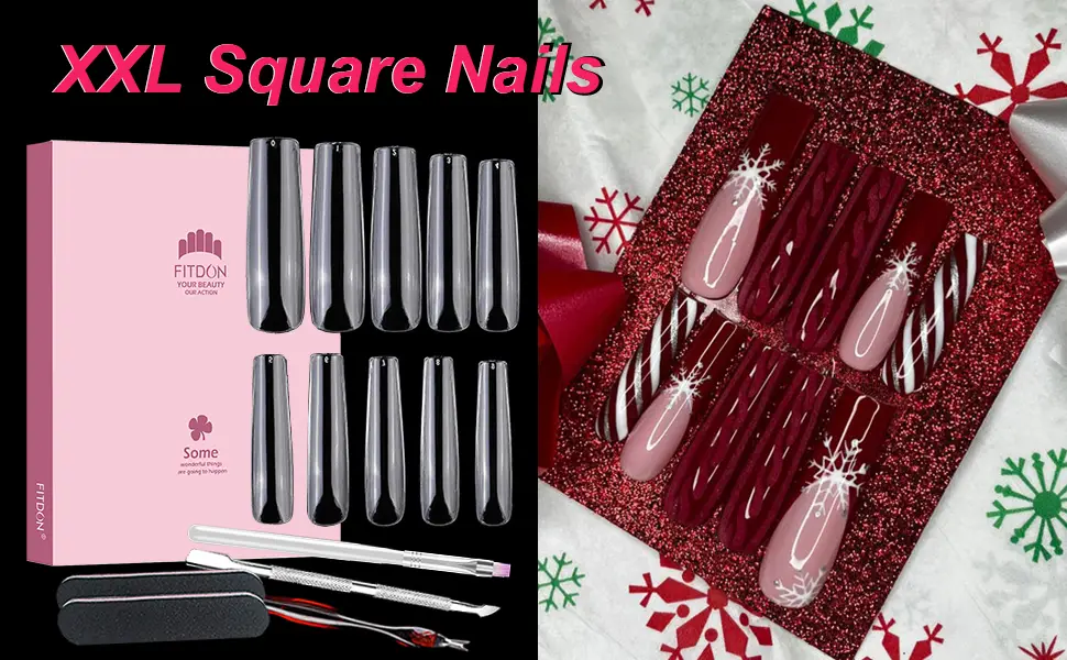 500pcs Extra Long Square Nail Tips, FITDON XXL Long Square Press on Nails Clear Full Cover Acrylic False Nail for Nail Salons and DIY Nail Art - XXL Square Nail