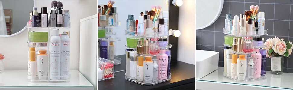 CONNOO 360 Rotating Makeup Organizer Storage, DIY Adjustable Carousel Rack, Large Capacity Storage Unit, Cosmetics Organizer for Countertop Vanity Bathroom Bedroom, Square Shape - product information 7