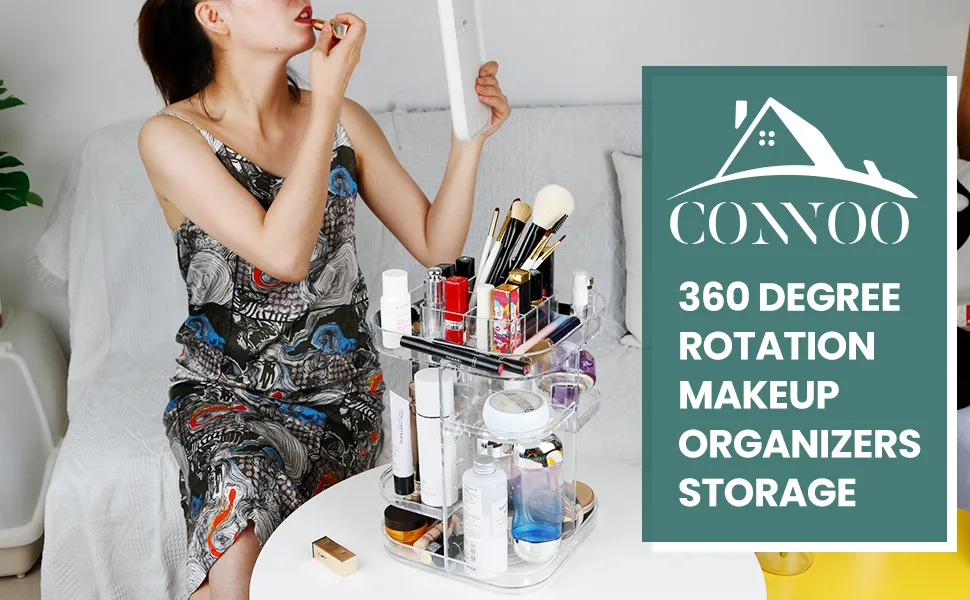 CONNOO 360 Rotating Makeup Organizer Storage, DIY Adjustable Carousel Rack, Large Capacity Storage Unit, Cosmetics Organizer for Countertop Vanity Bathroom Bedroom, Square Shape - makeup storage