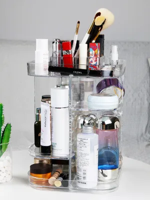 CONNOO 360 Rotating Makeup Organizer Storage, DIY Adjustable Carousel Rack, Large Capacity Storage Unit, Cosmetics Organizer for Countertop Vanity Bathroom Bedroom, Square Shape - makup organize360