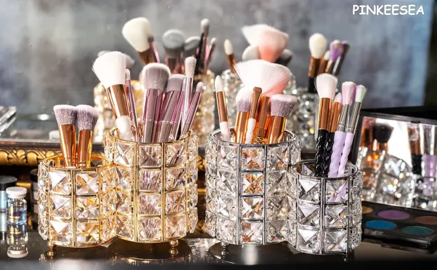 Makeup Brush Holders Crystal Makeup Brush Organizer Makeup Storage Makeup Brush Cup Holders Handcrafted Bling Gorgeous Decor for Vanity Extra Capacity Wide Opening (Gold) - Makeup Brush Holders