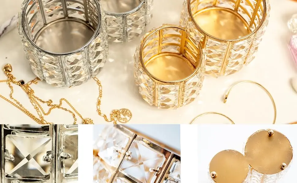 Makeup Brush Holders Crystal Makeup Brush Organizer Makeup Storage Makeup Brush Cup Holders Handcrafted Bling Gorgeous Decor for Vanity Extra Capacity Wide Opening (Gold) - makeup brush holders