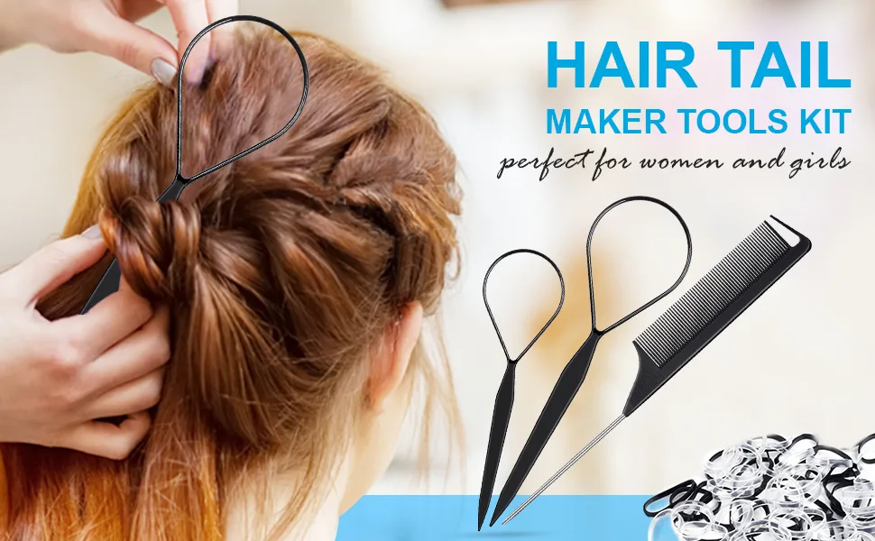 Hair Tail Tools, IKOCO Hair Loop Tool Set Including 2 Pcs Topsy Tail Hair Tool 1Pc Rat Tail Comb and 400 Pcs Clear And Black Rubber Bands for Hair - hair topsy tail tool