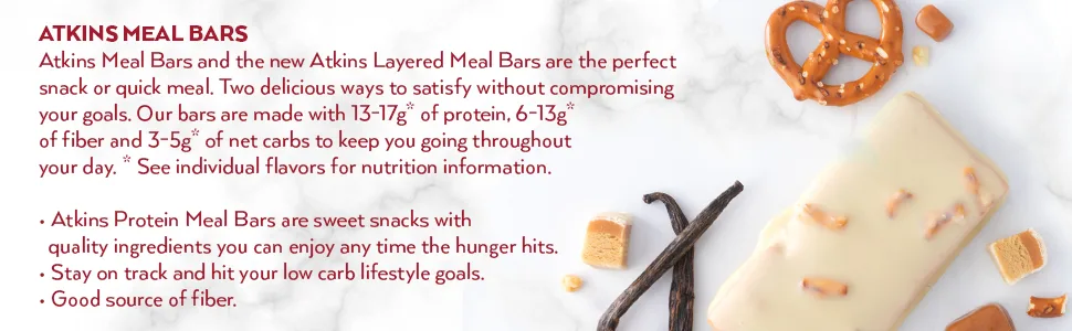 Atkins Vanilla Caramel Pretzel Protein Meal Bar, Keto Friendly, 5 Count - vanilla, chocolate