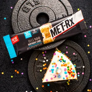 MET-Rx Big 100 Birthday Cake Bar, High Protein Bar, Meal Replacement, with Vitamin A, C and Zinc, 3.52 Oz., 8 Count - image