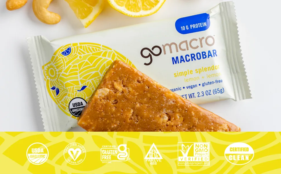 GoMacro MacroBar Organic Vegan Protein Bars - Lemon + Lemon (2.3 Ounce Bars, 12 Count) - LEM Header