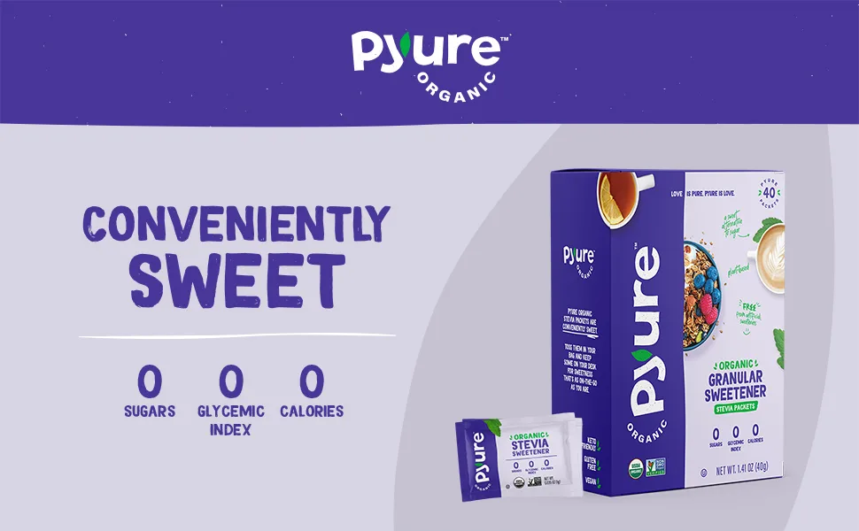 Pyure Organic Stevia Packets | Granulated Sugar Packets - White Sugar Substitute | Zero Carb, Zero Sugar, Zero Calorie Sweetener Packets | Plant-Based Stevia Packets for Keto Coffee | 240 Count - Pyure Organic Granular Sweetener Stevia Packets. Conveniently sweet.