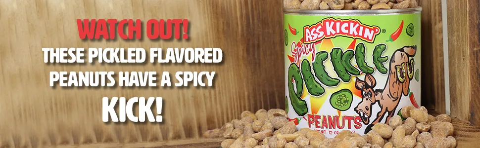 KICKIN’ Spicy Pickle Hot Peanuts – 12oz - Ultimate Spicy Gourmet Gift Peanuts - Try if you dare! … - spicy pickle peanuts can and peanuts next to it, they have a spicy kick