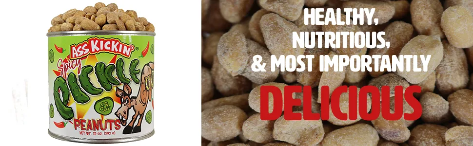 KICKIN’ Spicy Pickle Hot Peanuts – 12oz - Ultimate Spicy Gourmet Gift Peanuts - Try if you dare! … - Spicy pickle peanuts can with peanuts overflowing, peanuts close up