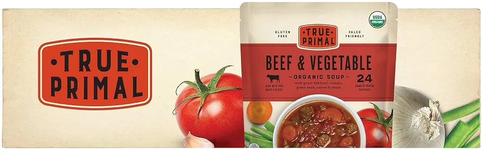 True Primal Beef & Vegetable Organic Soup 8-pack - True Primal Beef & Vegetable Organic Soup pouch and ingredients