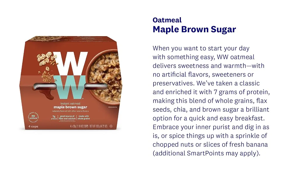 WW Maple Brown Sugar Instant Oatmeal - 3 SmartPoints - 2 Boxes (8 Count) - Weight Watchers Reimagined - ww, weight watchers, crunchy snack, chips, crisps, healthy, oatmeal, breakfast, veggie sticks
