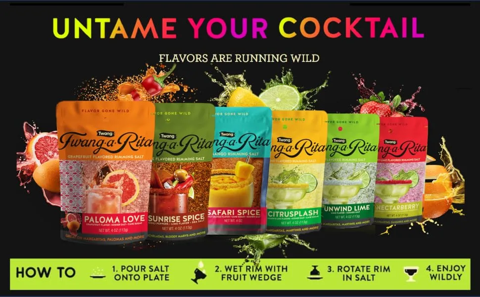 Twang-A-Rita Cocktail Rimming Salt Blend, Savory Variety, 4 Ounce Pouch (Set of 3) 1 Each: Chile Lime, Grapefruit, Mango - Untame Your Cocktail