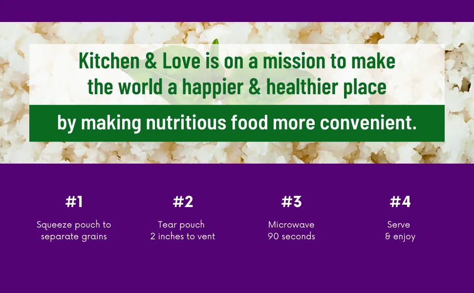 Kitchen & Love Cauliflower Rice, Pre Cooked, Microwave Ready Pouch, Shelf Stable, Non Gmo, Gluten & Dairy Free, Vegan, Vegetarian, 8 Oz, 6-Pack Riced Cauliflower - kitchen & love mission world happier healthier place nutritious food convenient