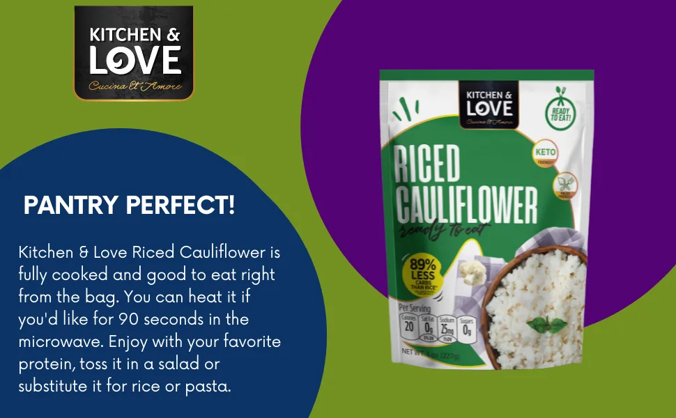 Kitchen & Love Cauliflower Rice, Pre Cooked, Microwave Ready Pouch, Shelf Stable, Non Gmo, Gluten & Dairy Free, Vegan, Vegetarian, 8 Oz, 6-Pack Riced Cauliflower - kitchen & love riced cauliflower pantry perfect