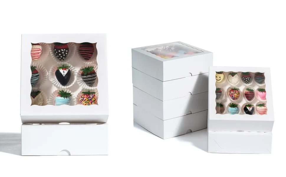 RomanticBaking 24 Pack Bakery Boxes (not include food)7" x 7" x 2 1/2"White Chocolate Covered Strawberries Boxes Cookies Boxes 24 7"x7"x2 1/2" - product information 2