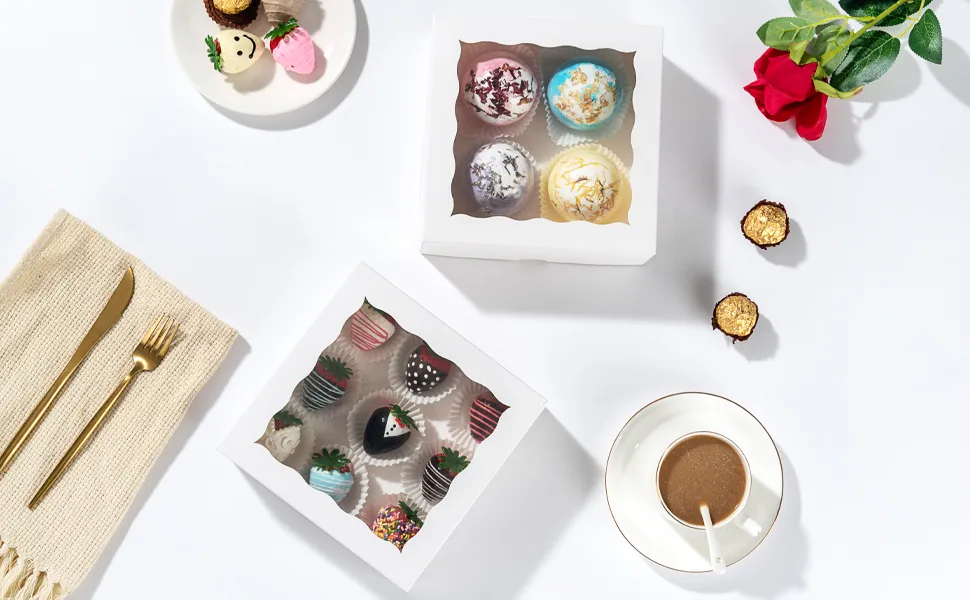 RomanticBaking 24 Pack Bakery Boxes (not include food)7" x 7" x 2 1/2"White Chocolate Covered Strawberries Boxes Cookies Boxes 24 7"x7"x2 1/2" - product information 3