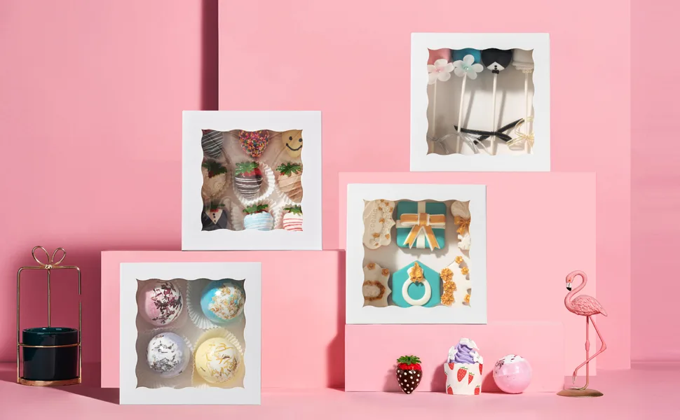 RomanticBaking 24 Pack Bakery Boxes (not include food)7" x 7" x 2 1/2"White Chocolate Covered Strawberries Boxes Cookies Boxes 24 7"x7"x2 1/2" - product information 4