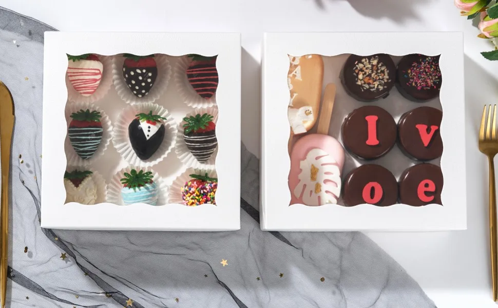 RomanticBaking 24 Pack Bakery Boxes (not include food)7" x 7" x 2 1/2"White Chocolate Covered Strawberries Boxes Cookies Boxes 24 7"x7"x2 1/2" - product information 6