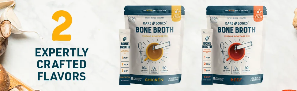 Bare Bones Bone Broth Instant Powdered Beverage Mix, Chicken & Beef, Variety Pack of 8, 4 Chicken & 4 Beef - 15g Sticks, 10g Protein, Keto & Paleo Friendly - 2 Expertly Crafted Flavors