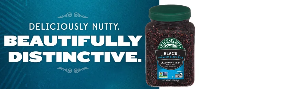 RiceSelect Discoveries Premium Black Rice, Whole Grain, Gluten-Free, Non-GMO, Vegan, 14.5-Ounce Jar - Deliciously Nutty
