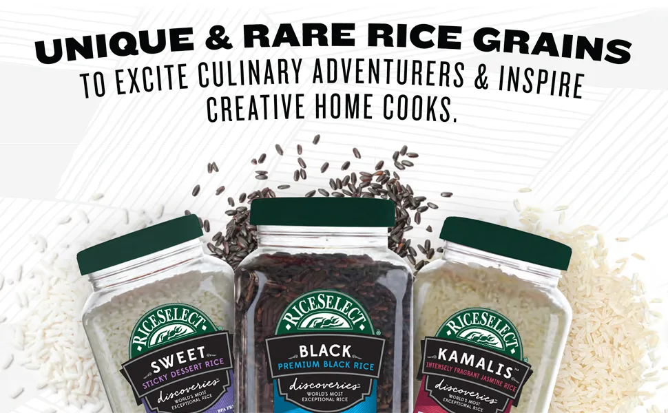 RiceSelect Discoveries Premium Black Rice, Whole Grain, Gluten-Free, Non-GMO, Vegan, 14.5-Ounce Jar - Unique and Rare Rice Grains