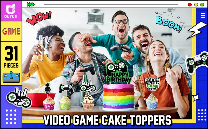 31 Piece Video Game Happy Birthday Cupcake Toppers Cake Toppers Video Gamer Party Decorations Supplies Picks Gaming Theme Birthday Party Banner Game Controller Backdrop for Kid Boys Gaming (Blue) - product information 1