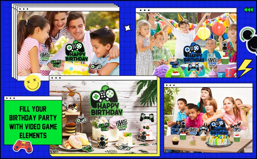 31 Piece Video Game Happy Birthday Cupcake Toppers Cake Toppers Video Gamer Party Decorations Supplies Picks Gaming Theme Birthday Party Banner Game Controller Backdrop for Kid Boys Gaming (Blue) - product information 2