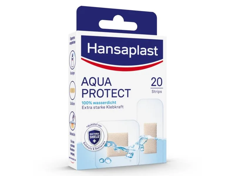 Hansaplast Aqua Protect Pflasters (20 strips) waterproof wound pavement with extra strong adhesive power booklet pavement Ideal for showering swimming & bathing 20 pieces (1 Pack) Aqua Protect - hansaplast logo pflaster wundpflaster heftpflaster marke wundversorgung erste hilfe wundheilung