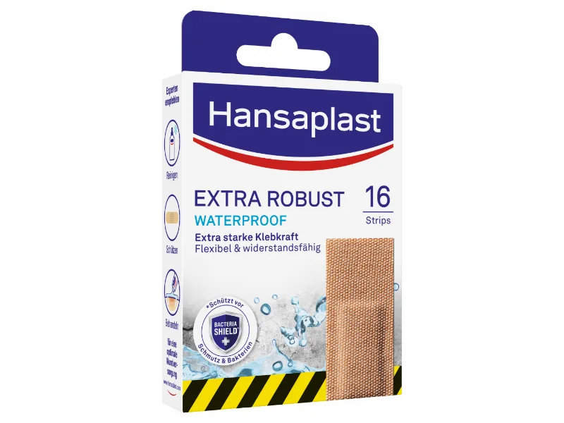 Hansaplast Extra Robust Waterproof Textile Paving (16 strips) resistant and waterproof pavement with extra strong adhesive power flexible and breathable wound plaster 16 pieces (1 -pack) 16 strips - with Bacteria Shield - hansaplast logo pflaster wundpflaster heftpflaster marke wundversorgung erste hilfe wundheilung