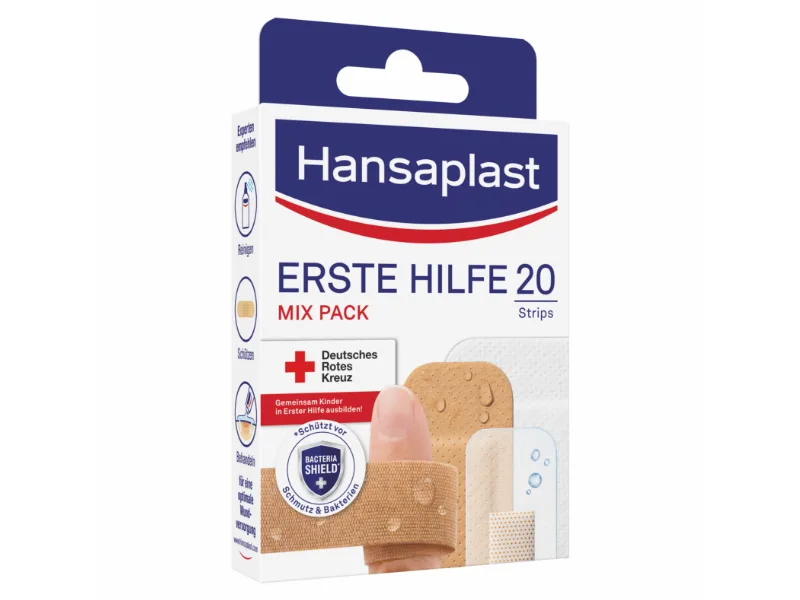 Hansaplast first aid Pflaster Mix (20 strips) plaster set in different sizes Ideal for on the go wound paving with Bacteria Shield 20 pieces (1 Pack) 20 strips - with Bacteria Shield - hansaplast pflaster wundpflaster heftpflaster verpackung wundversorgung erste hilfe universal