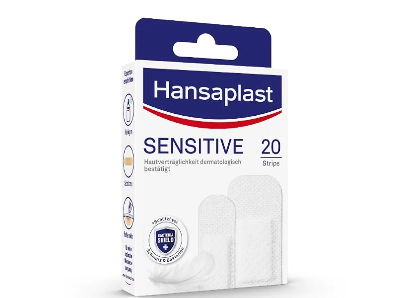 Hansaplast sensitive plasters (20 strips) skin -friendly and hypoallergenic wound plaster with Bacteria Shield & Safe adhesive power painless plasters 20 pieces (1 Pack) light - hansaplast pflaster wundpflaster heftpflaster verpackung wundversorgung erste hilfe