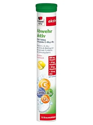 Double -heart defense active zinc + selenium + vitamin C + B12 + D3 - as a contribution to the normal function of the immune system - 15 well -dissolving effervescent tablets with lemon taste 15 pieces (1 Pack) - Abwehr Aktiv