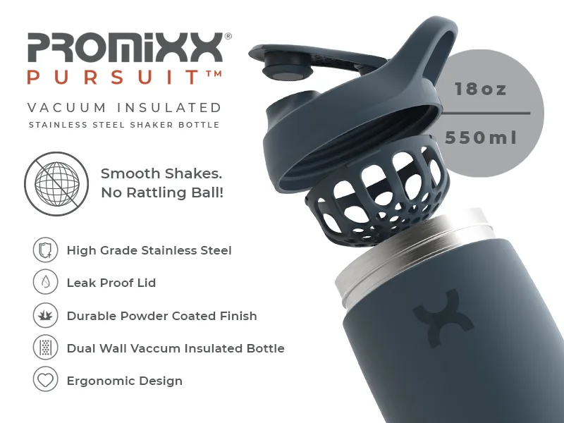 Promixx Shaker Bottle Premium Protein Shaker Bottle for Supplement Shakes Easy Clean Stainless Steel Cup (550 ml Midnight Blue) - shaker protein bottle blender shake becher mit flasche proteinshake eiweiss fitness edelstahl glas
