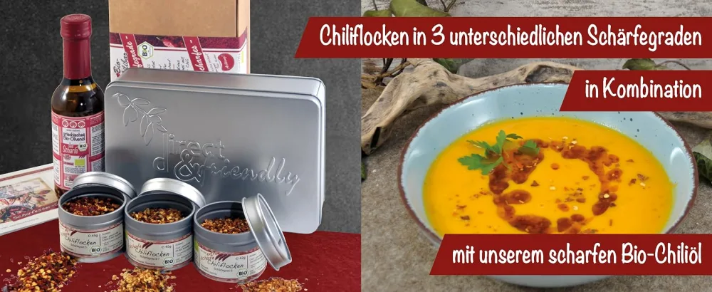 Direct & Friendly |Gift set for sharpnessBio |Chili olive oil extra sharpChili flakes in 3 different degrees of sharpness sharpness 4 pieces (1 Pack) - Scharfesser premium punkte