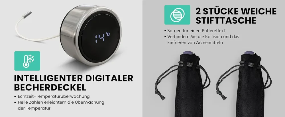 DISONCARE 60H Insulin pen cooling bag 2-8 degrees touch display Temperature display cooler portable medication cool box travel TSA |Diabetic bag with 2 cooling packs (cyan) - Insulin Pen Kühltasche