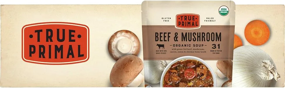 True Primal Beef & Mushroom Organic Soup 8-pack - True Primal Beef & Mushroom Organic Soup pouch and ingredients