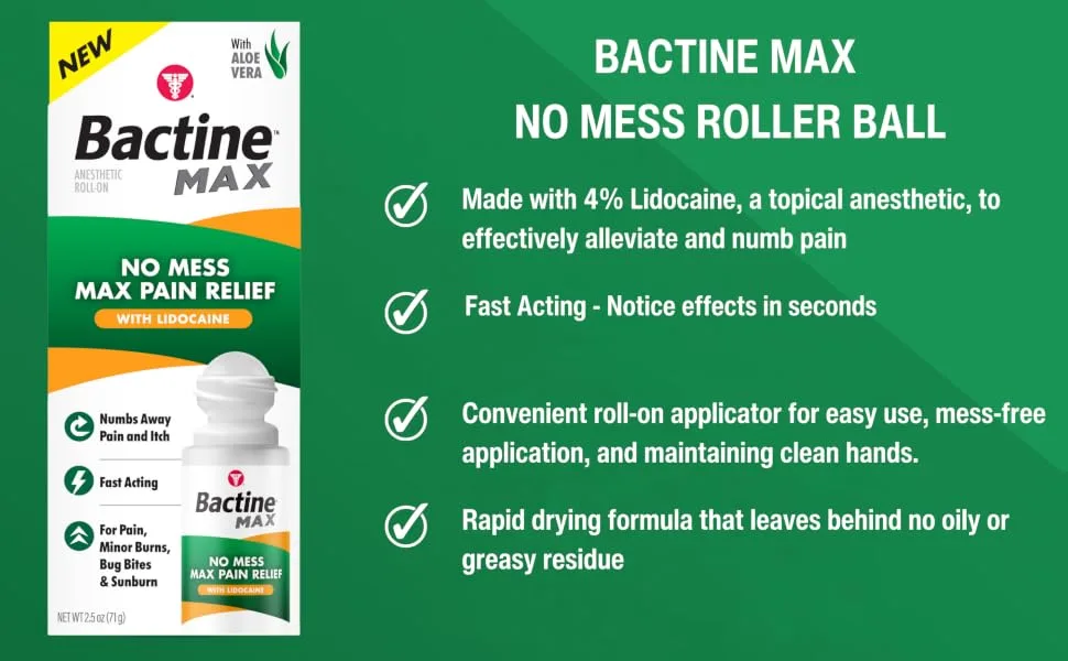 Bactine Max No-Mess Roller Ball with 4% Lidocaine - Pain + Itch Relief from Poison Ivy Bug Bites & Sunburn - 2.5 oz. - Bactine Max No Mess Roller Ball