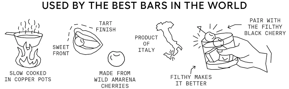 Filthy Black Cherry Syrup - Premium Cocktail Cherry Garnish - Non-GMO, Vegan & Gluten Free - 8oz Pouches, 3 Count - slow cooked, copper pots, sweet, tart, product of italy, italian, old fashioned, manhattan, drinks