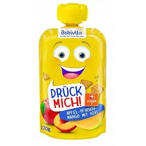 Bebivita Squeeze me! Apple-peach-mango squeeze pouch with biscuit pack of 6 (6 x 120 g) - product information 4